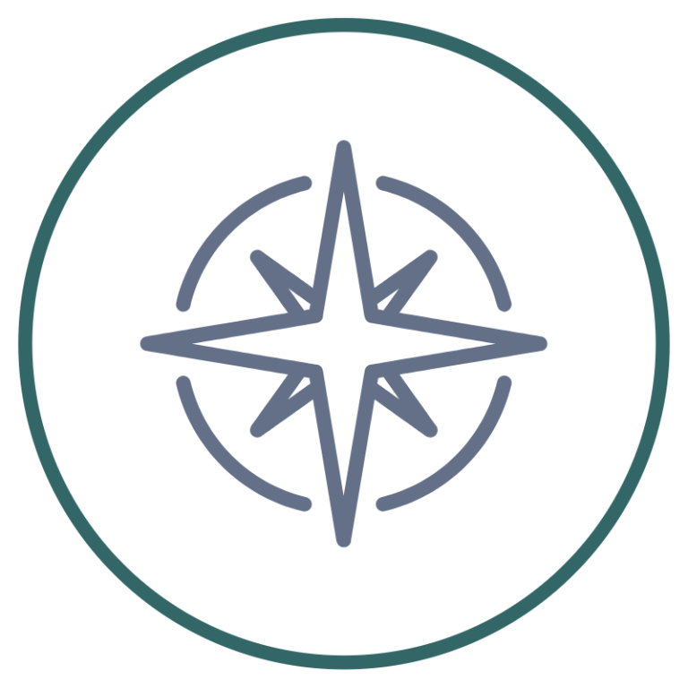 A simple compass rose design with a circular border on a grey background.