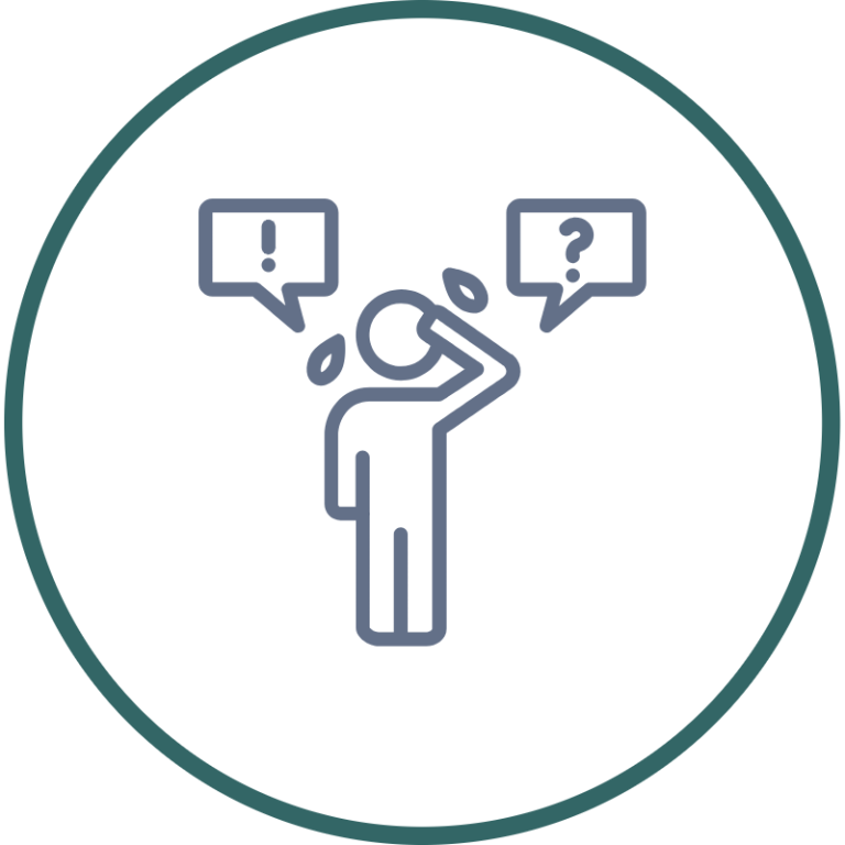 A person standing with a raised hand, surrounded by questions and exclamation marks.