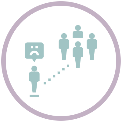 A figure with a sad expression with to a group of people.