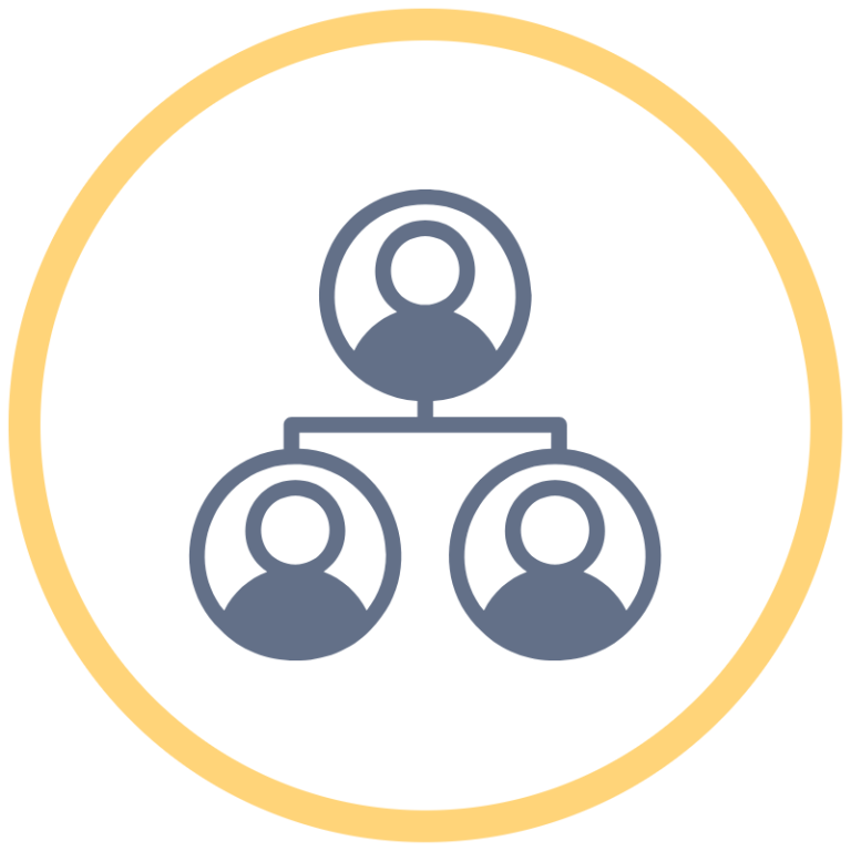 A simple organisational chart with a central node and two levels of connected boxes.