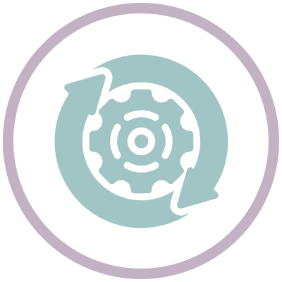 Icon featuring a gear with a check mark, surrounded by arrows and shapes.