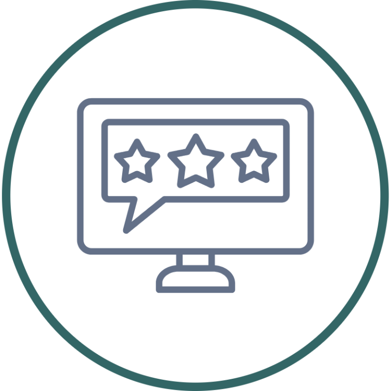 A computer screen displays a speech bubble with three stars inside.