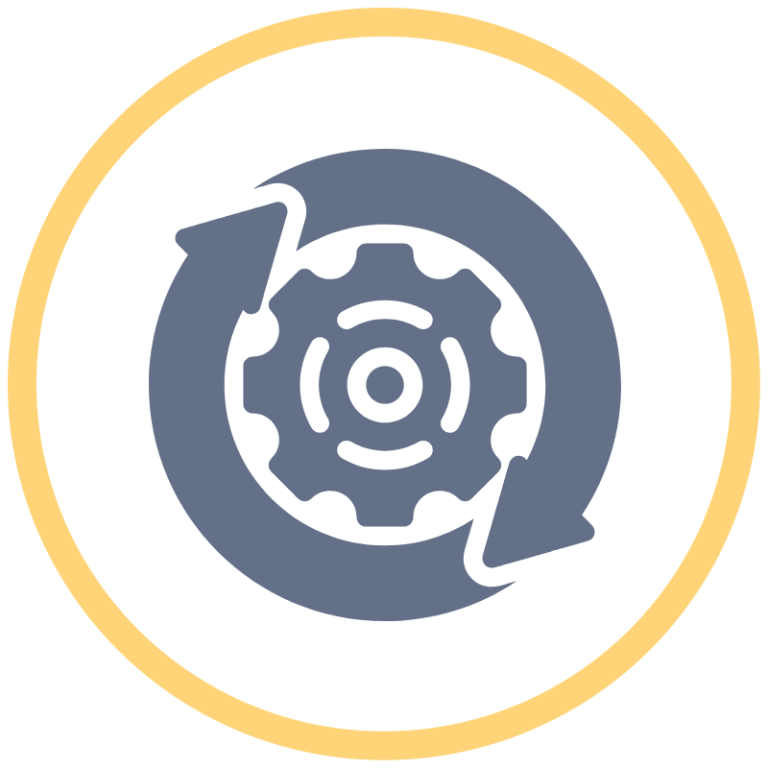 Icon featuring a gear with a check mark, surrounded by arrows and shapes.