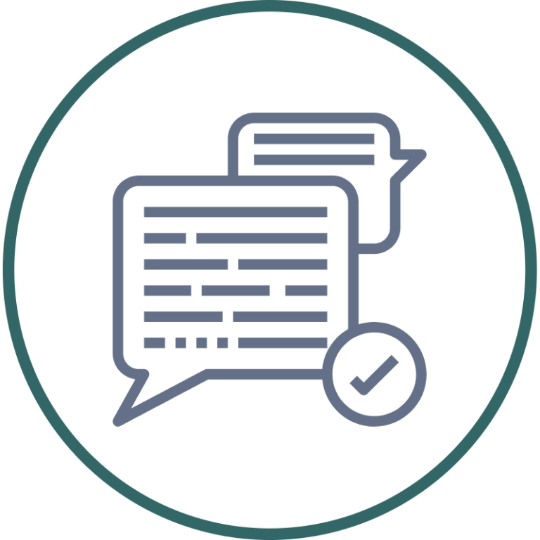 Two speech bubbles with text and a checkmark, are set against a grey background.