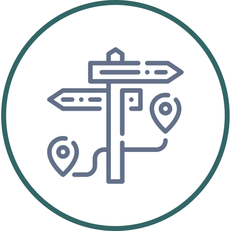 Signpost with multiple directional arrows and location markers in a minimalist design.