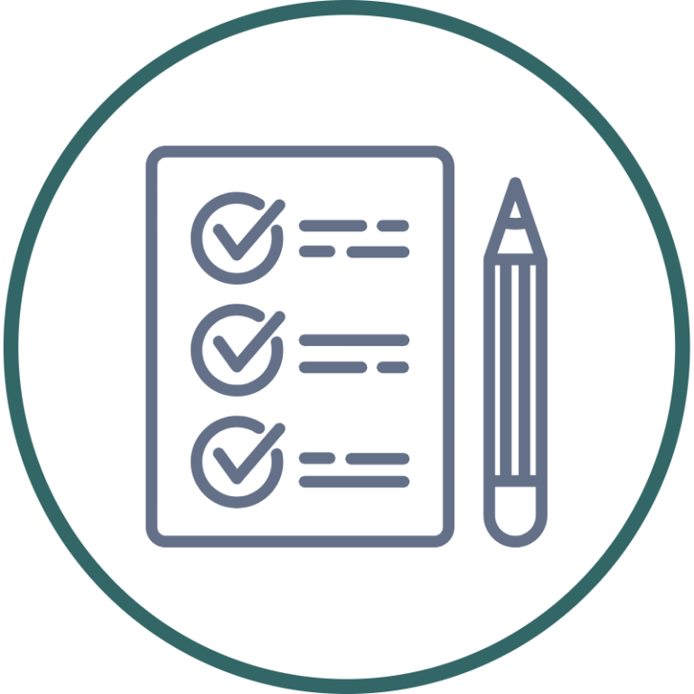 A clipboard with a question mark and a pencil, next to a checklist.