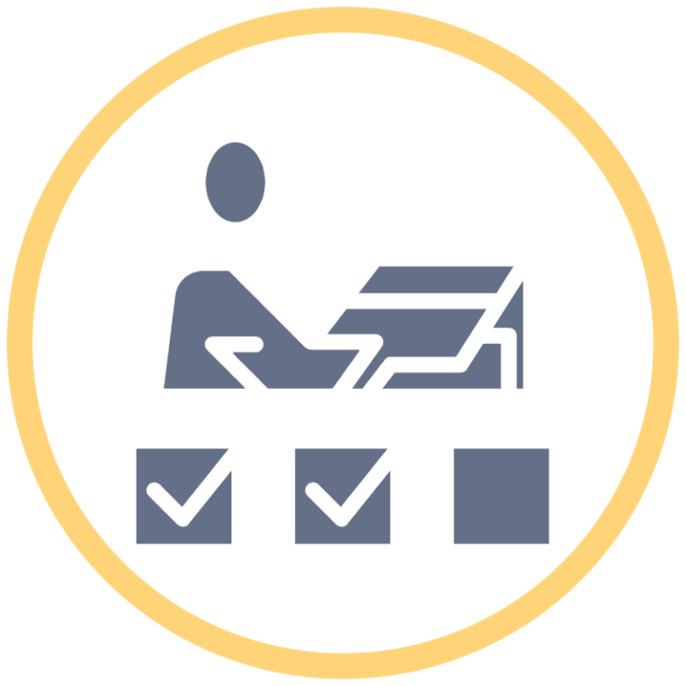 Checklist with ticks alongside a user icon on a grey background.
