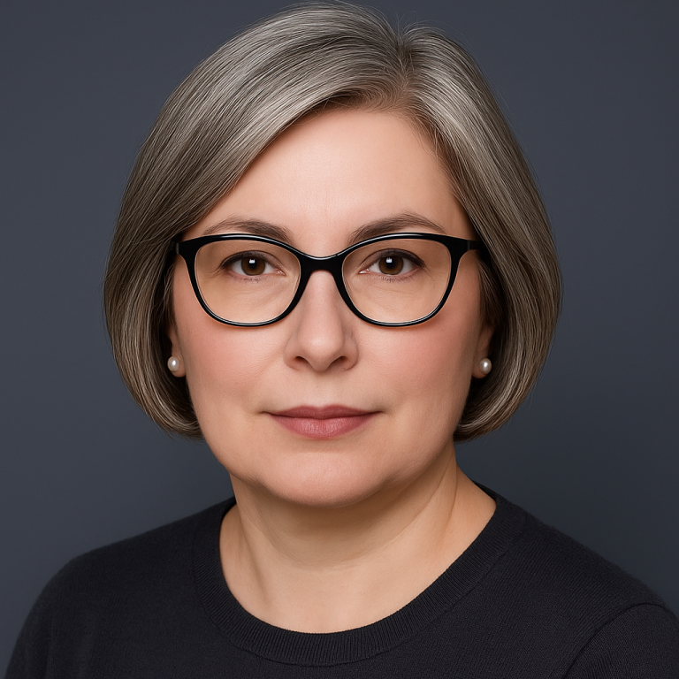 Sharon Docherty A woman with short grey hair and glasses sits with her arms crossed, looking directly at the camera.